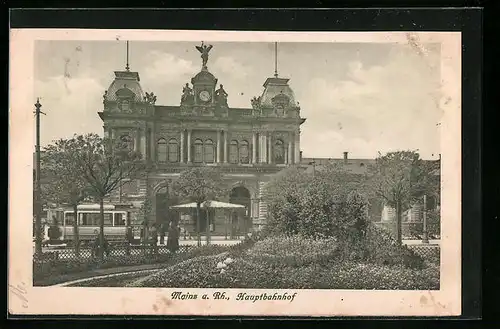 AK Mainz a. Rh., Hauptbahnhof mit Strassenbahn