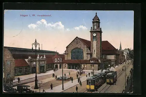 AK Hagen i. W., Hauptbahnhof mit Strassenbahnen