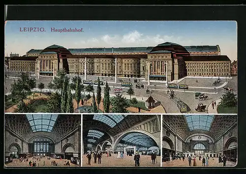 AK Leipzig, Hauptbahnhof mit Strassenbahnen und Innenansichten