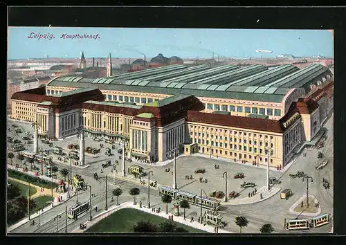 AK Leipzig, Hauptbahnhof aus der Vogelschau mit Strassenbahnen