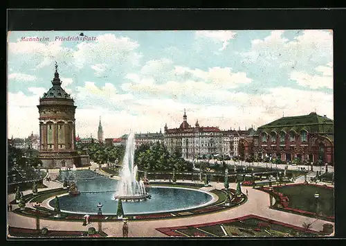 AK Mannheim, Friedrichsplatz mit Fontäne