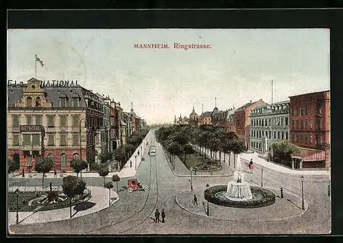 AK Mannheim, Ringstrasse mit Hotel-National und Brunnen