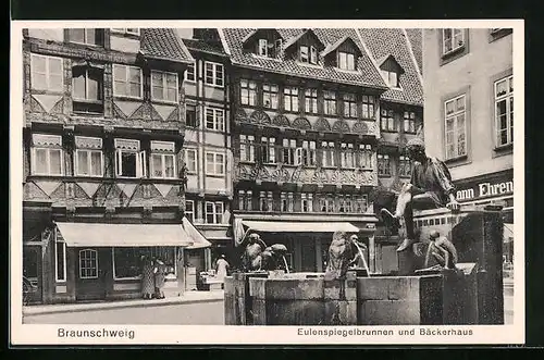 AK Braunschweig, Eulenspiegelbrunnen und Bäckerhaus mit Geschäft
