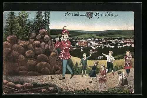 AK Hameln, Teilansicht und Rattenfänger