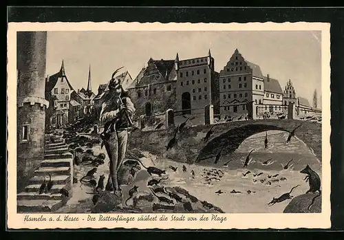 AK Hameln a. d. Weser, Der Rattenfänger säubert die Stadt von der Plage