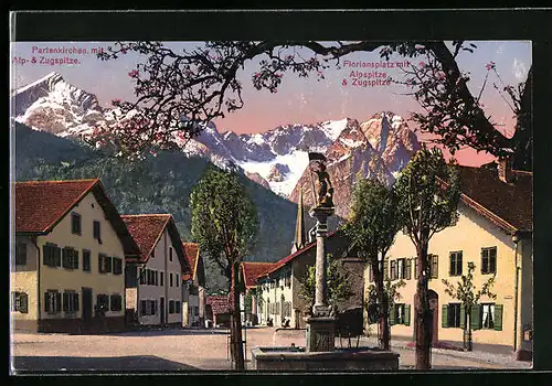 AK Partenkirchen, Floriansplatz mit Alpspitze und Zugspitze