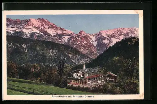 AK Partenkirchen, Forsthaus Graseck bei Alpenglühen