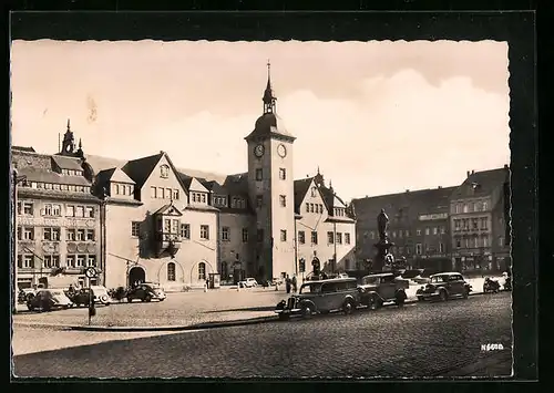 AK Freiberg i. Sa., Obermarkt mit Rathaus und Denkmal Otto des Reichen