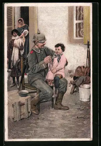 Künstler-AK Soldat mit Kind auf dem Schoss