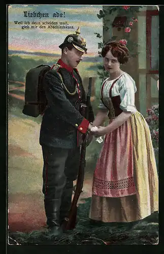 Künstler-AK Soldat mit Tornister nimmt Abschied von seiner Geliebten