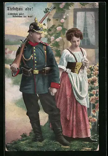 Künstler-AK Soldat mit geschultertem Gewehr nimmt Abschied von seiner Geliebten