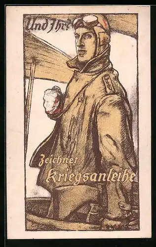 AK Pilot mit Fliegerkappe, Kriegsanleihe