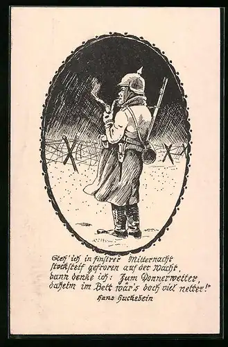 Künstler-AK Soldat hält Wache am Stacheldrahtverhau