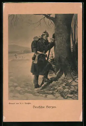 AK Deutscher Soldat ritzt Herz in Baum
