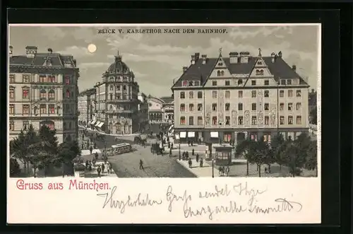 Künstler-AK München, Blick v. Karlstor nach dem Bahnhof bei Mondschein