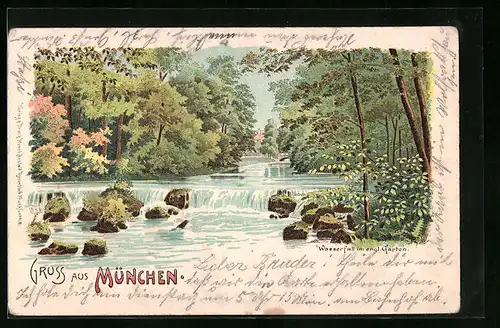 Lithographie München-Schwabing, Wasserfall im englischen Garten