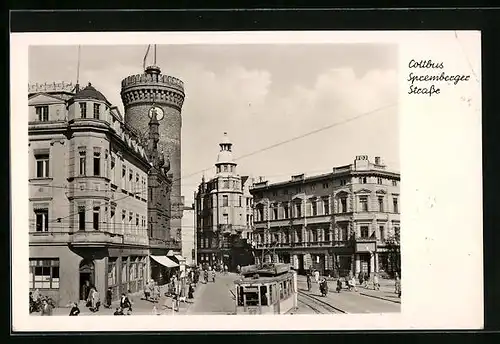 AK Cottbus, Spremberger Strasse mit Geschäften und Strassenbahn