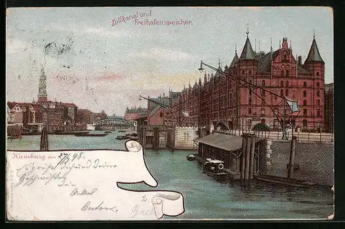 Lithographie Hamburg, Zollkanal und Freihafenspeicher