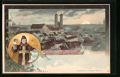 Künstler-AK München, Teilansicht mit Frauenkirche bei Monschein, Münchner Kindl mit Wappen