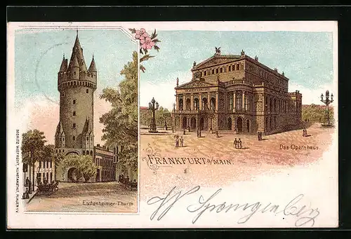 Lithographie Frankfurt a. Main, Eschenheimer Thurm mit Opernhaus