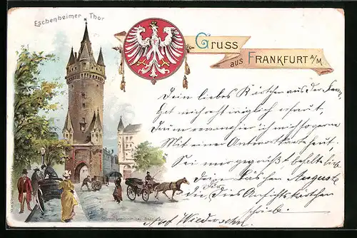 Lithographie Frankfurt a. M., Eschenheimer Thor mit Wappen