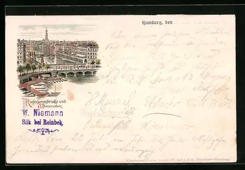 Lithographie Hamburg, Ortsansicht mit Alsterarcaden