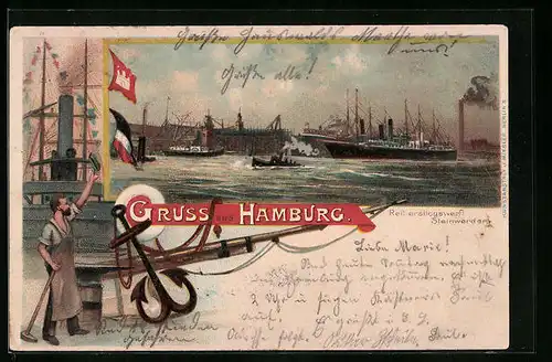 Lithographie Hamburg-Harburg, Ortsansicht mit Hafen