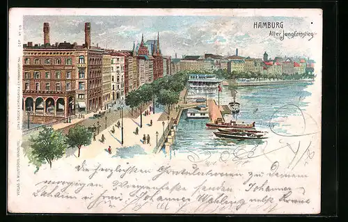 Lithographie Hamburg-Neustadt, Alter Jungfernstieg mit Uferpartie