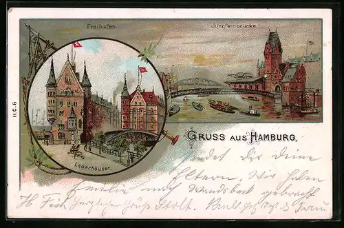 Lithographie Hamburg, Freihafen mit Jungfernbrücke, Lagerhäuser