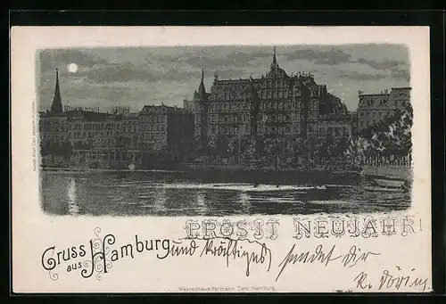 Mondschein-Lithographie Hamburg, Neujahrsgrüsse vom Gasthaus Hamburger Hof