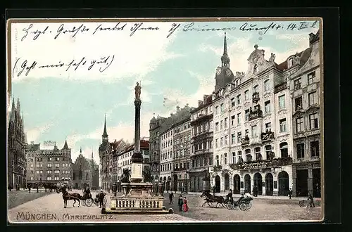 Präge-AK München, Marienplatz mit Hotel Peterhof