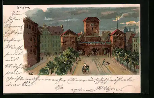 Lithographie München, Isarthor aus der Vogelschau