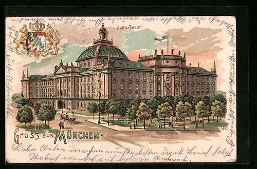 Lithographie München, Justiz-Palast, Wappen