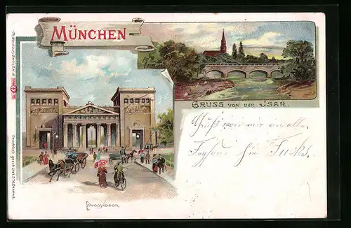 Lithographie München, Propylaeen, Isarbrücke