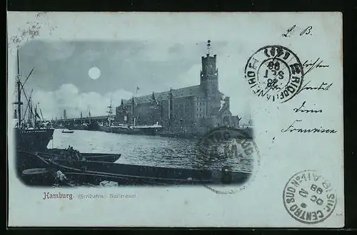 Mondschein-AK Hamburg, Kaiserquai im Freihafen