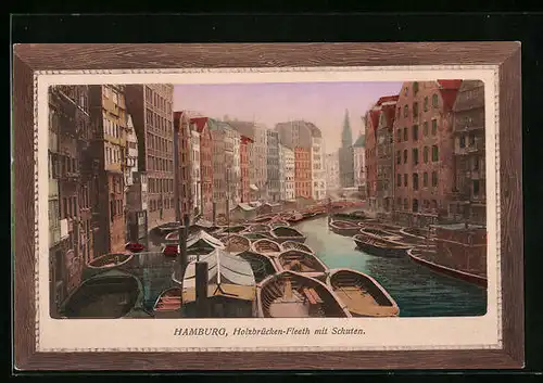 Künstler-AK Hamburg, Holzbrücken-Fleeth mit Schuten