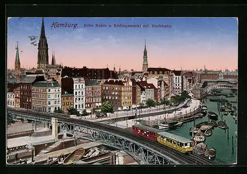AK Hamburg, Ecke Kajen und Rödingsmarkt mit Hochbahn