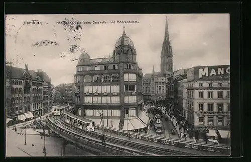 AK Hamburg, Hochbahnbrücke beim Graskeller und Mönckedamm