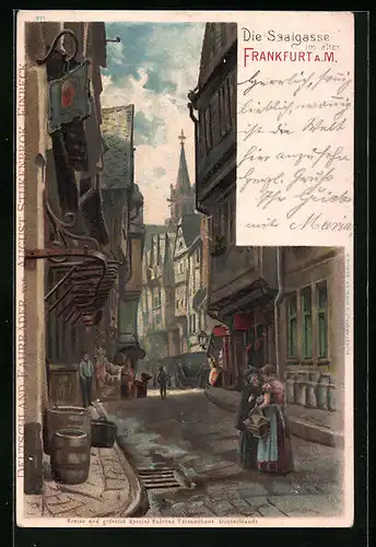 Lithographie Frankfurt a. M., Strassenpartie in der Saalgasse