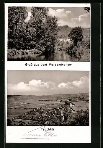 AK Tauchlitz, Ortsansicht aus weiter Ferne, Gasthaus Felsenkeller