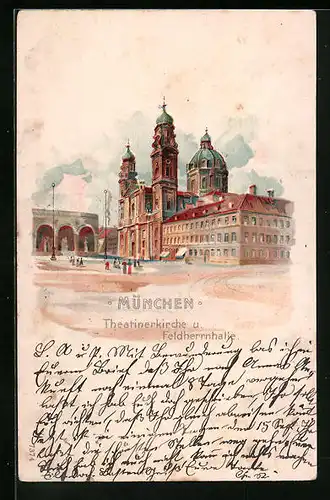 Lithographie München, Theatinerkirche und Feldherrnhalle