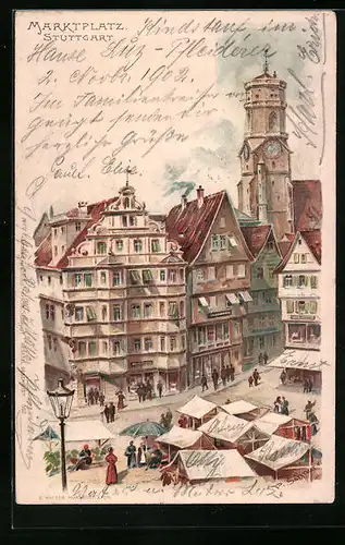 Lithographie Stuttgart, Strassenpartie am Marktplatz