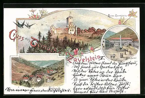 Lithographie Teinach-Zavelstein, Bad-Hotel, Ruine, Totalansicht