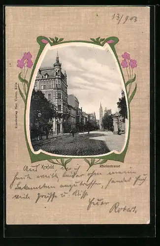 AK Krefeld, Rheinstrasse mit Litfasssäule
