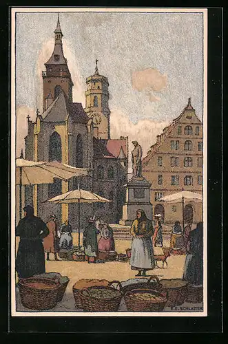 Steindruck-AK Stuttgart, Stiftskirche mit Schillerdenkmal