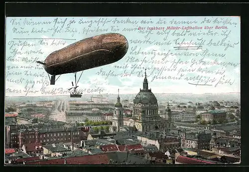 AK Berlin, Der lenkbare Militär-Luftballon mit Hauptstadtpanorama