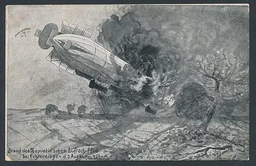 Künstler-AK Brand des Zeppelin`schen Luftschiffes bei Echterdingen