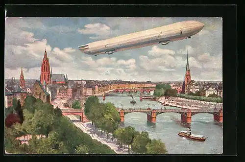 AK Frankfurt a. M., Zeppelin über dem Main