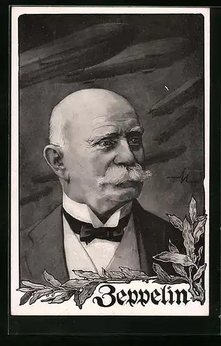 Künstler-AK Graf Zeppelin im Portrait mit Luftschiffen und Lorbeeren