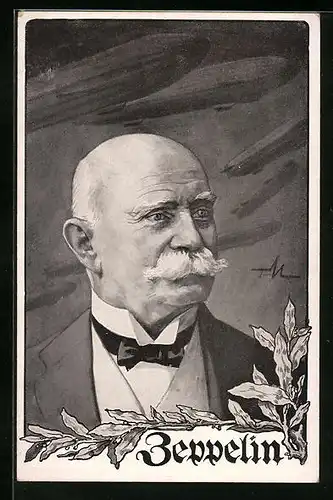 Künstler-AK Graf Zeppelin im Portrait mit Luftschiffen und Lorbeeren
